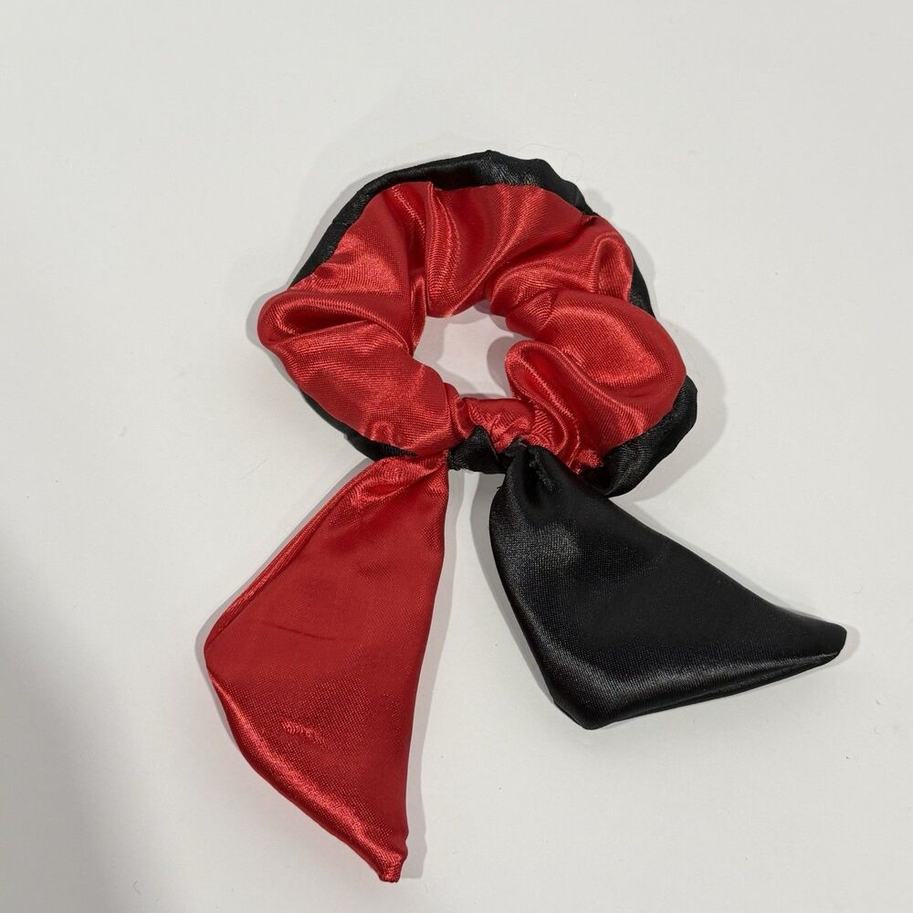 Handmade Red Black Satin Scrunchie Scarf Bow Hair Tie Ponytail Holder - Picture 4 of 11